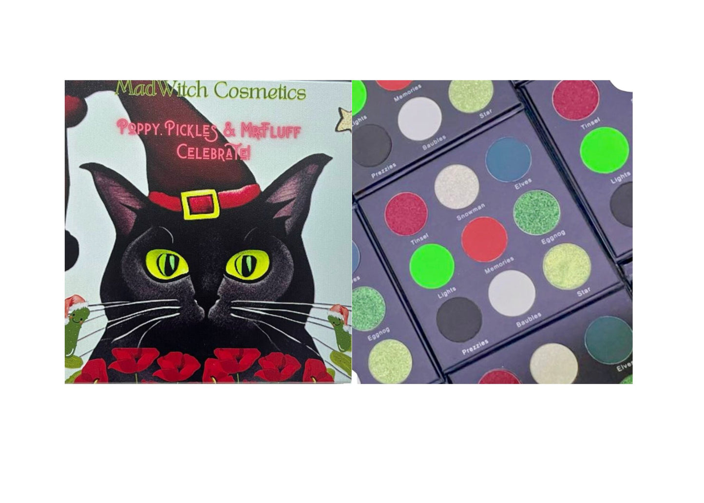 in stock our Christmas palette - poppy,pickles & mr.fluff celebrate the season - MadWitch Cosmetics