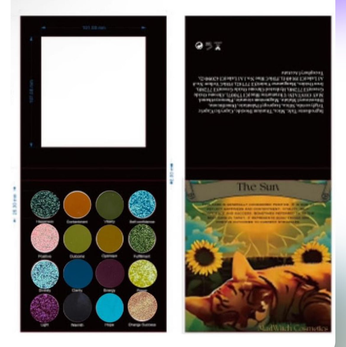 the sun tarot card 16 pan palette w/ 8 mattes, 6 duochromes, 1 multichrome, 1 holographic multichrome. IN STOCK - MadWitch Cosmetics